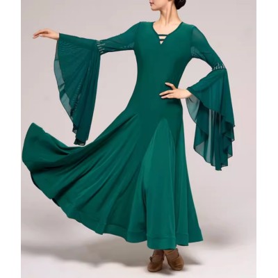 Women girls dark green ballroom dance dresses waltz tango foxtrot smooth rhythm dance long gown flare sleeves for female